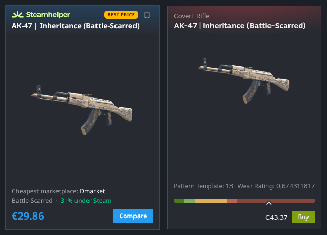 SteamHelper Best Price card beside a Steam listing, showing the cheapest marketplace and the discount under Steam