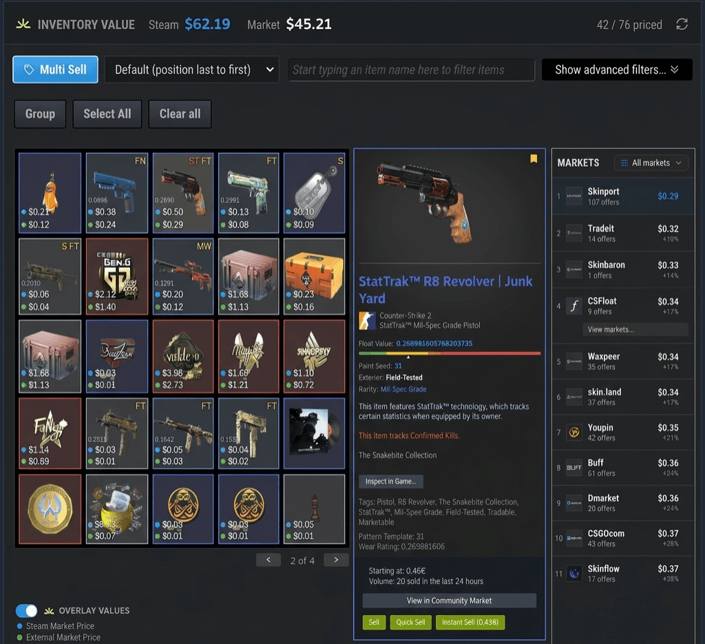 SteamHelper Steam inventory helper panel showing CS2 inventory value, item prices and market context