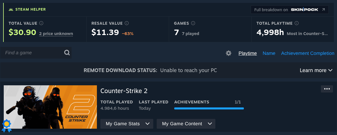 SteamHelper's band on a Steam Games page showing total value, resale value, games played and total playtime.