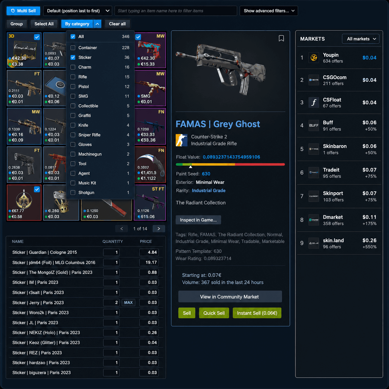 SteamHelper's bulk selling view: a Steam inventory with several items selected, a review table with suggested prices, and a marketplace comparison panel