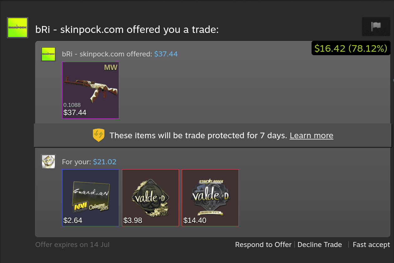 A Steam trade offer with SteamHelper's green net-value badge showing the profit and percentage, plus the price and float on each item.