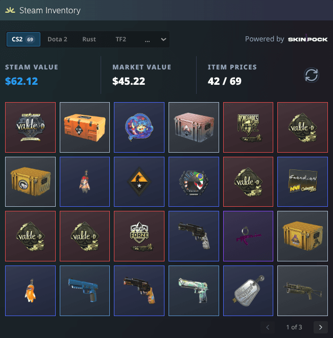 SteamHelper's Steam Inventory panel injected into a Steam profile page, showing total Steam value, market value, the priced-item count and a grid of Steam items.