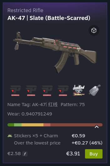 A CS2 listing card where SteamHelper shows the value of five stickers and a charm and how far the listing is above the lowest price.