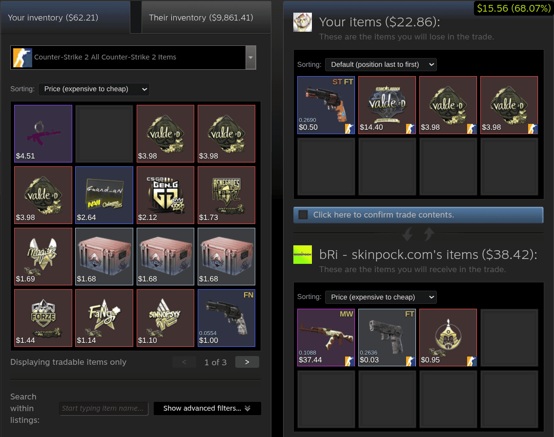 The Steam trade-creation window with SteamHelper showing each inventory's total value and the running net difference badge as items are added.