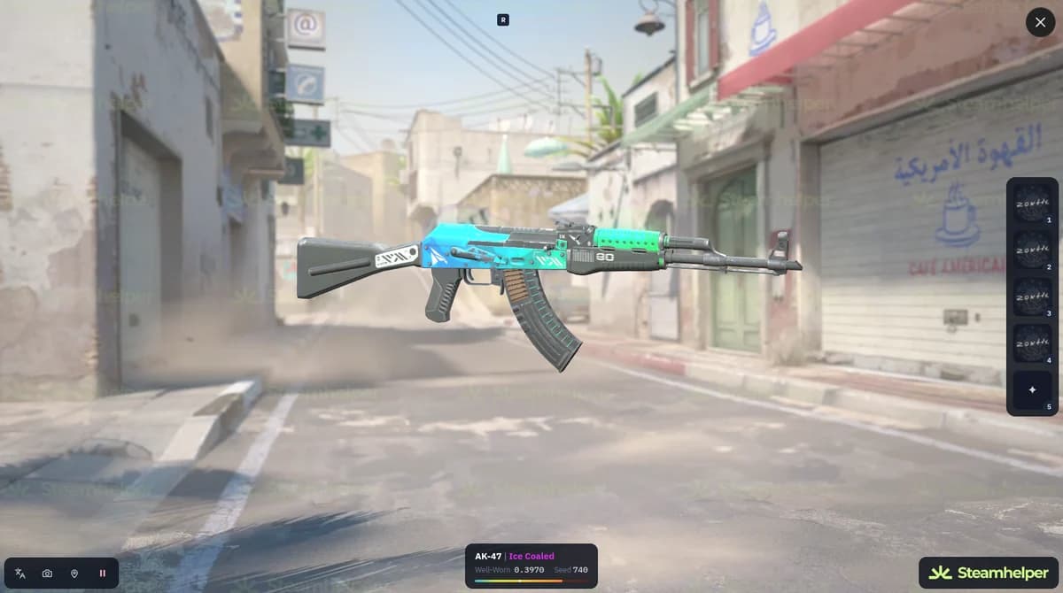 An AK-47 | Ice Coaled with stickers in SteamHelper's in-browser 3D viewer, with its wear and seed.